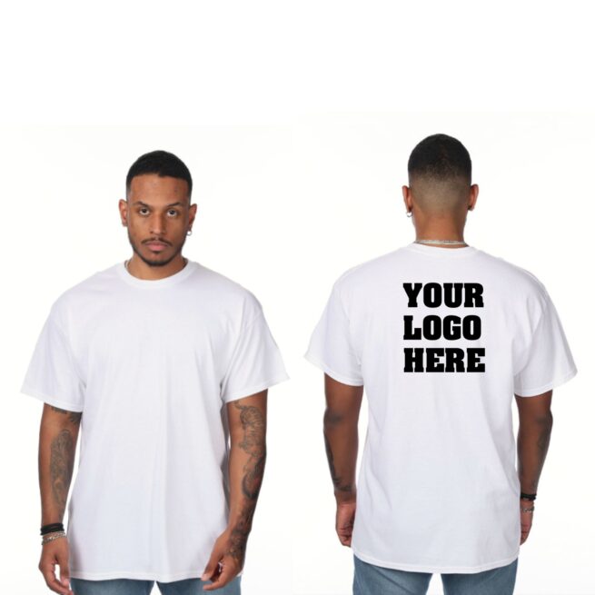 Custom T-Shirt With Back Logo – Gildan Heavy Cotton G500 – Large 11″ Personalized Design