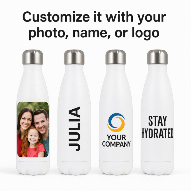 Custom Personalized Water Bottle – 17 oz White Stainless Steel | Your Design, Included