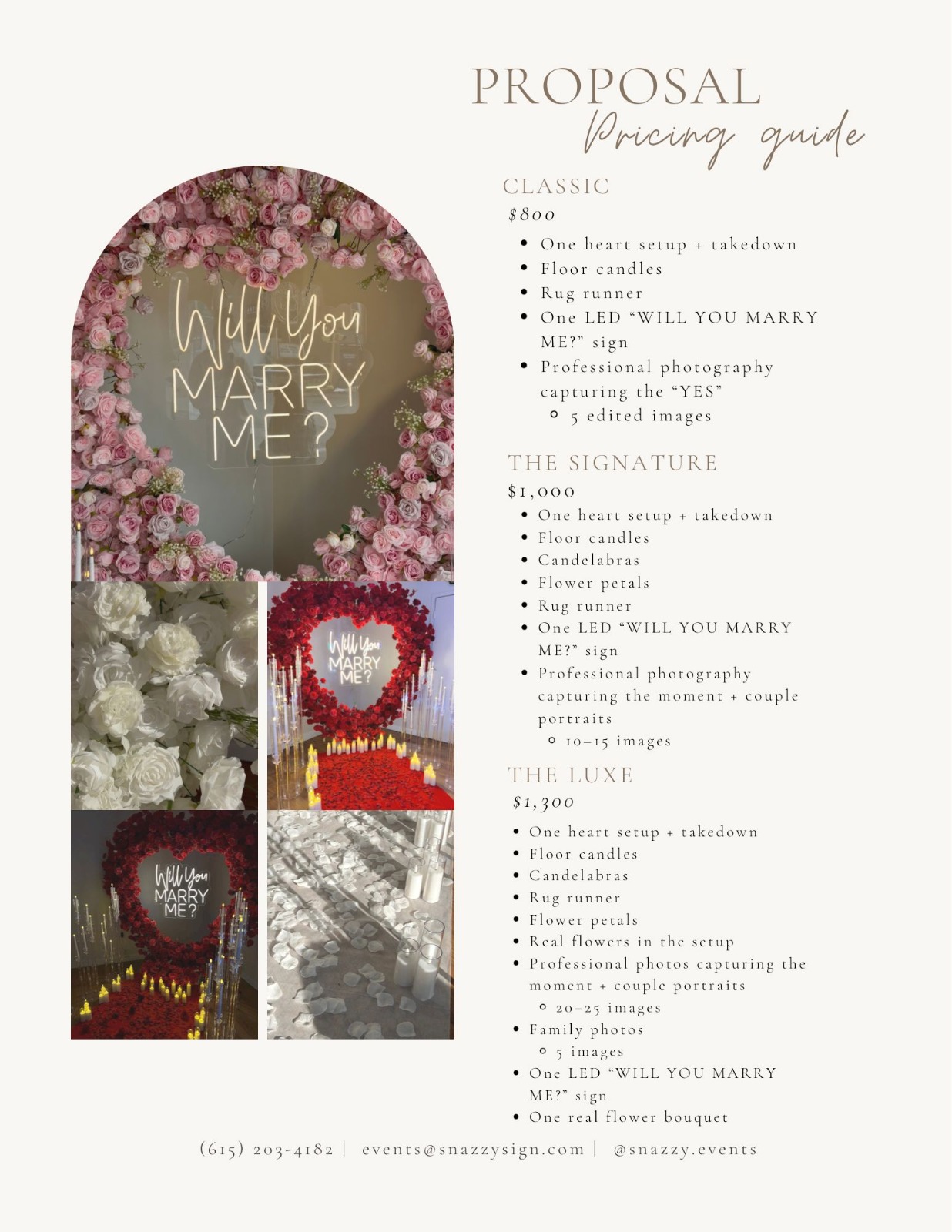 SnazzyEvents proposal pricing guide featuring floral heart setups, candles, and illuminated proposal signs