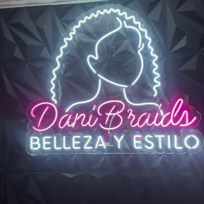 Dani Braids custom neon logo glowing pink and white